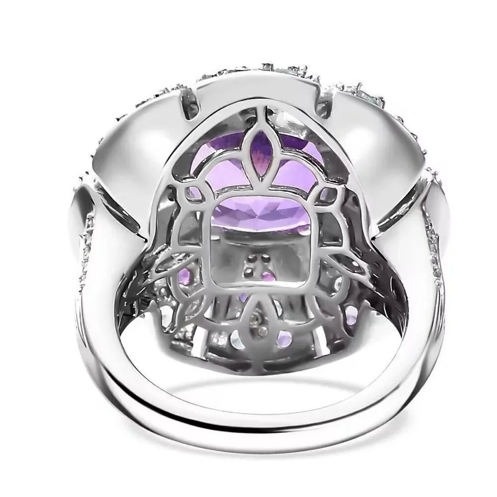 Amethyst Moissanite Multi Gemstone 5.85 ctw Floral Ring Sterling Silver Size 7